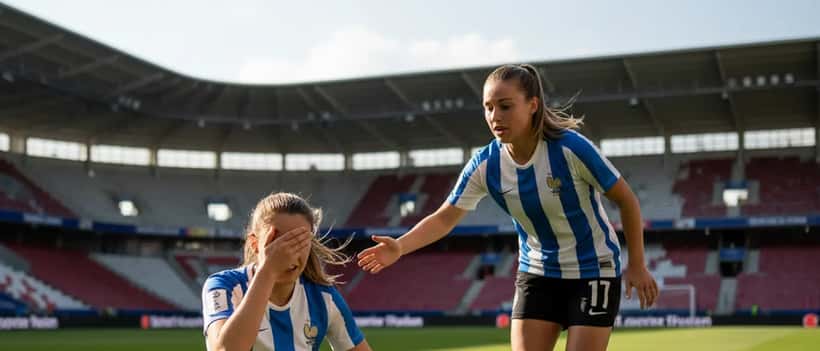Fußballspielerin auf dem Platz hält Hand ans Auge nach einem Zusammenstoß, Teamkollegin eilt zu Hilfe