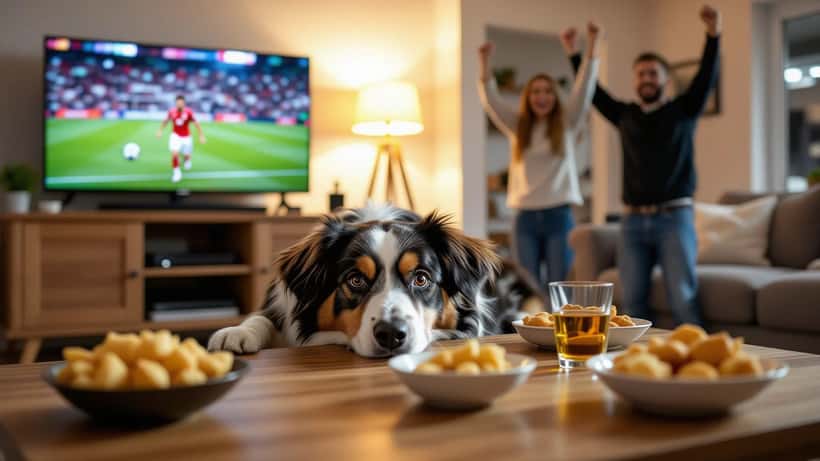 Perro asustado escondido bajo una mesa mientras al fondo se ve un partido de fútbol en la televisión