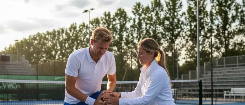 Nederlandse tennisser op een hardcourtbaan met een sportarts die zijn knie onderzoekt