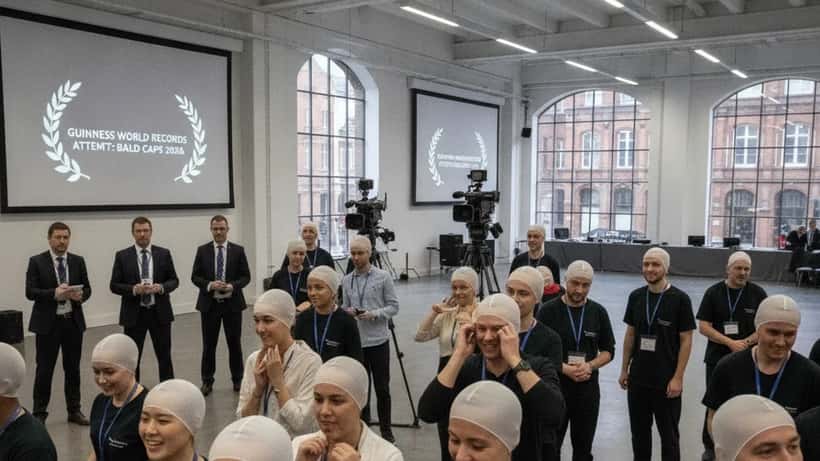 Group of people wearing professional bald caps at a Guinness World Records attempt event
