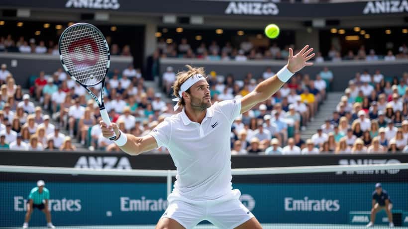 Male tennis player serving at Australian Open hard court