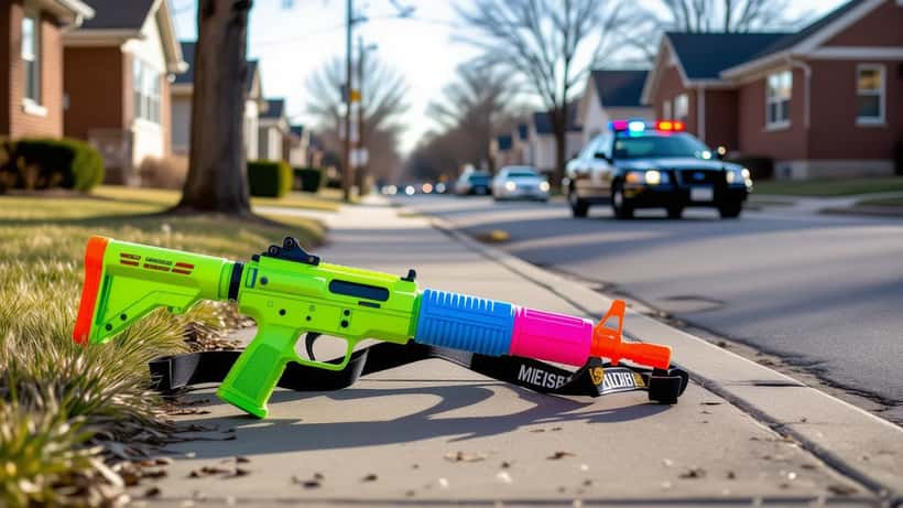 Colorful water gun on a suburban American street, representing the Water Wars game trend