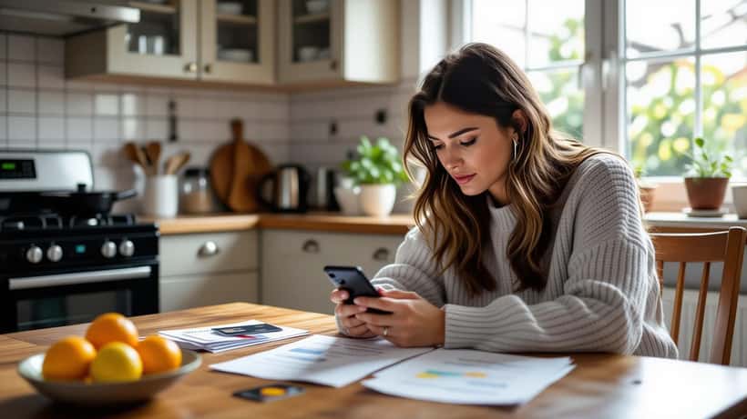 Pessoa preocupada a olhar para smartphone com mensagens WhatsApp suspeitas e documentos bancários na mesa