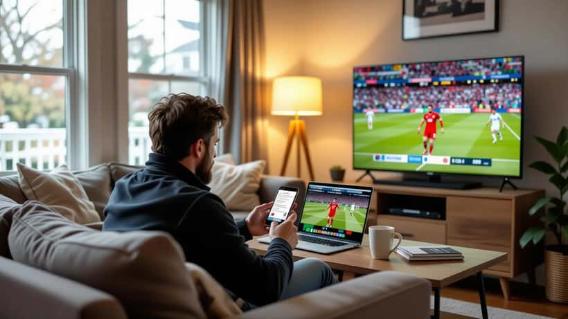 Fan watching Premier League match on TV while checking a streaming subscription email on a phone