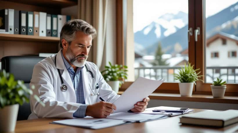 Médecin expert consultant un dossier d'assurance-invalidité avec formulaires AI et rapport médical sur le bureau, clinique lausannoise