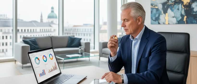 Vermögensberater analysiert Goldbarren und Portfolioübersicht am Schreibtisch