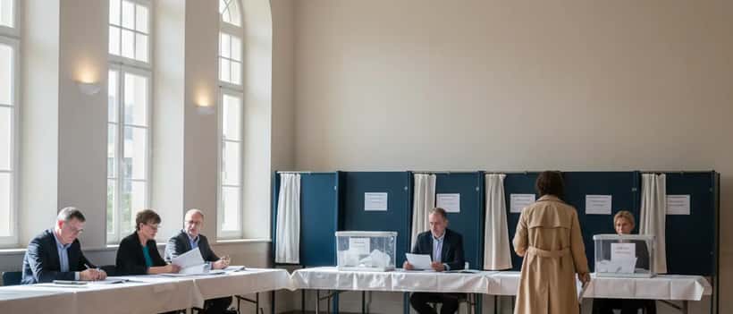 Bureau de vote français avec isoloirs et urnes pour les élections municipales 2026