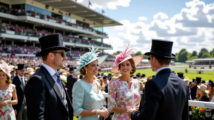 Horses racing on the turf at Royal Ascot with spectators in summer dress
