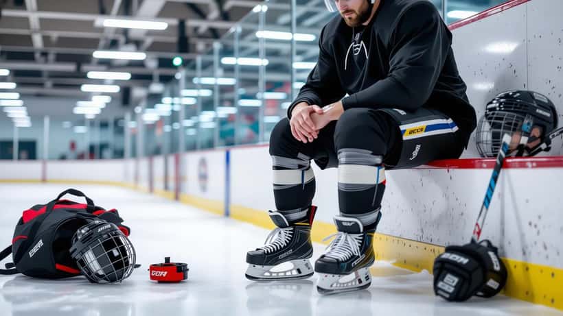 Hockey player holding injured Achilles tendon in locker room after game
