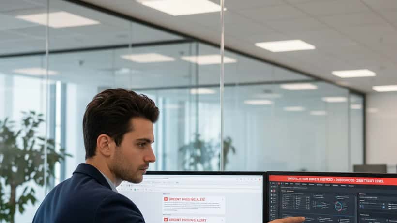 Consulente IT italiano analizza alert di phishing Gmail su monitor in ufficio moderno a Milano