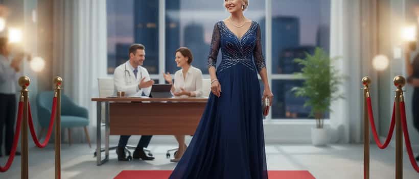 Elegant woman at a red carpet event with doctor consultation scene in background