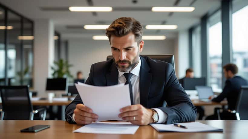 Profissional a analisar contrato de trabalho num escritório em Lisboa enquanto negoceia com outro empregador