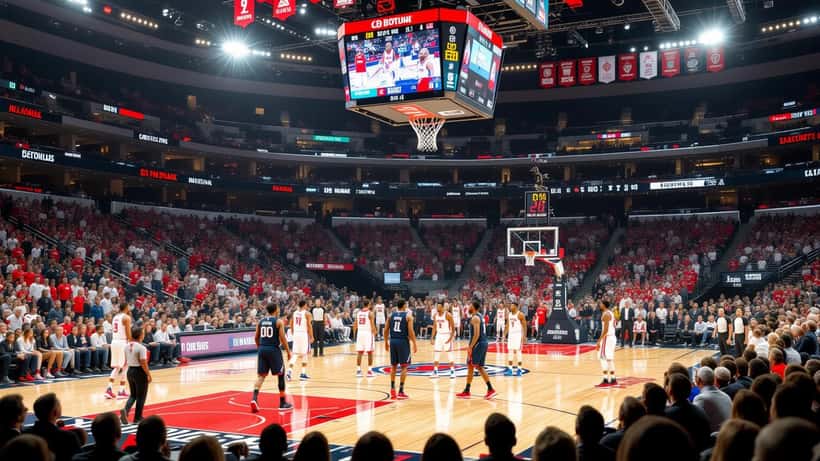 Jogadores de basquete NBA em treino durante sessão de All-Stars, arena iluminada ao fundo