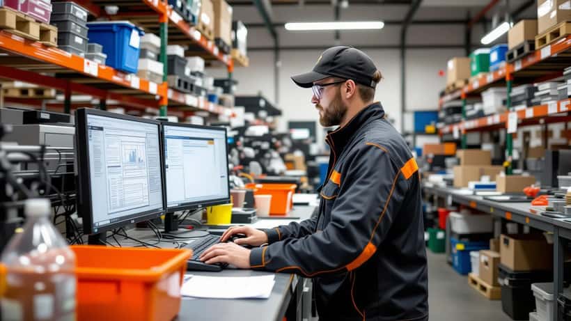 Artisan en combinaison consultant un bordereau électronique de déchets dangereux sur tablette dans un garage industriel