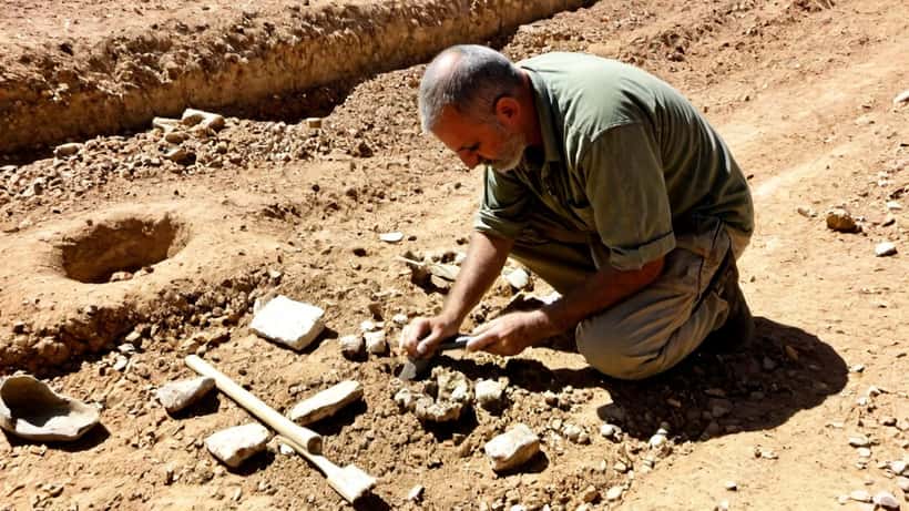 Archéologue sur un site de fouilles dans le désert israélien, brossant des ossements fossilisés dans le sol ocre