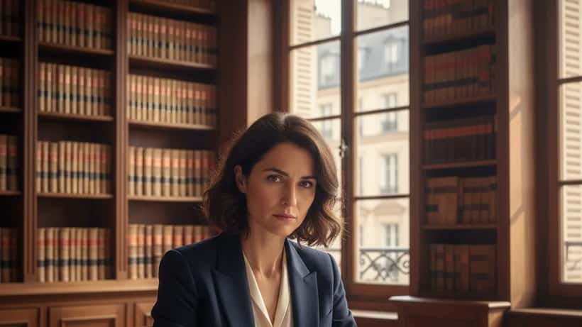 Avocate parisienne en blazer révisant un contrat d'adaptation littéraire dans son bureau