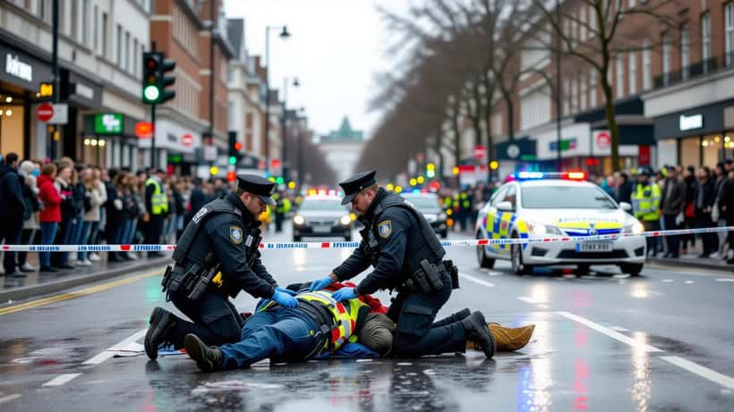 UK paramedics attending injured pedestrians at a crowd event near a sports venue in England