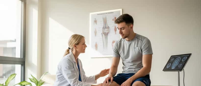 Sportmediziner untersucht das Knie eines Hobby-Athleten in einem hellen deutschen Behandlungszimmer