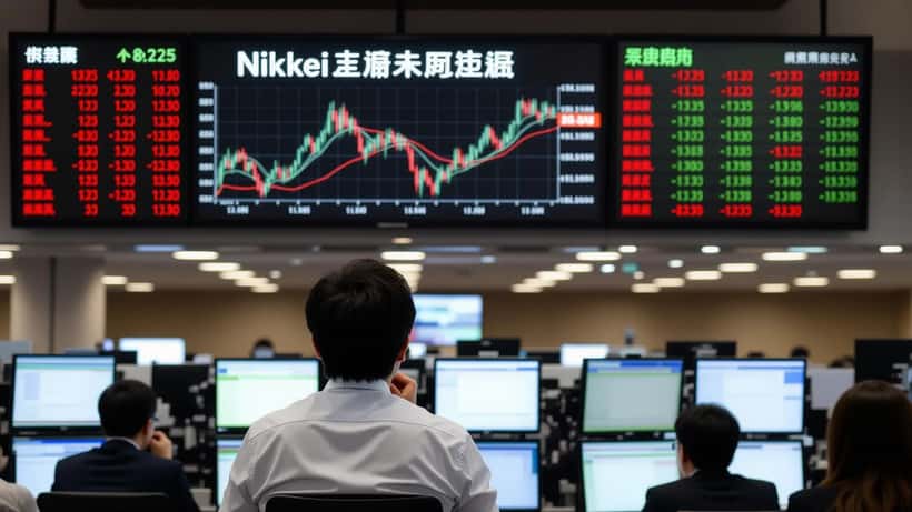Bezorgde belegger kijkt naar rode koersschermen op de beurs in Tokio tijdens de Nikkei-daling van juli 2026