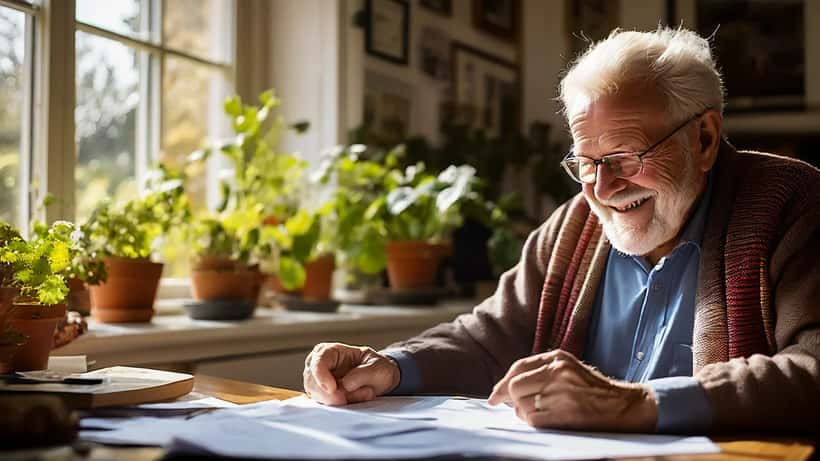 UK pensioner reviewing retirement financial plan and pension documents at home, 2026