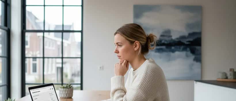 Nederlandse vrouw bekijkt haar spaarrekening opties op een laptop thuis