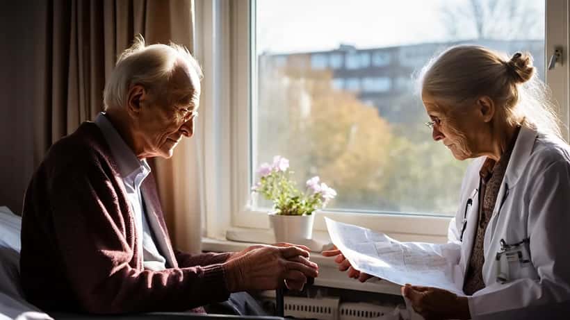 Ældre dansk mand holder sin kones hånd på et plejehjem i Danmark