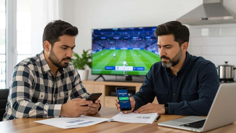 Aficionado latino revisando una apuesta deportiva disputada en su smartphone durante el partido Barcelona vs Feyenoord Champions League 2026