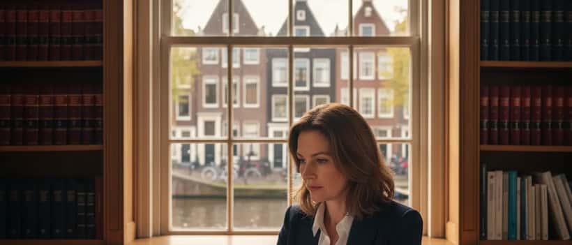 Nederlandse advocaat in donker blazer die privacydocumenten bestudeert in een Amsterdams kantoor met grachtzicht