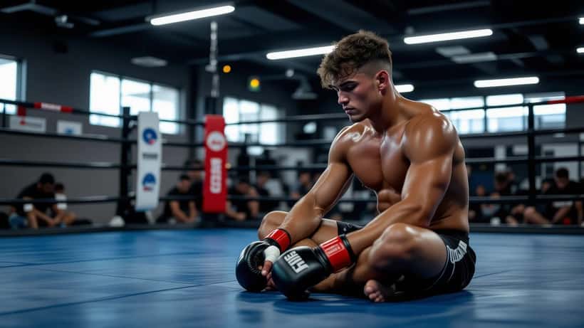 MMA fighter sitting alone in gym corner reflecting after UFC losses