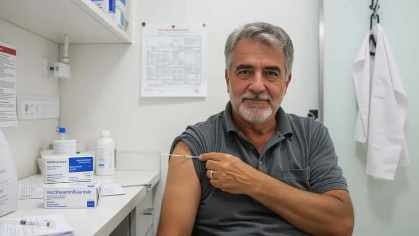 Uomo over 60 che riceve il vaccino antinfluenzale dal medico di base in ambulatorio