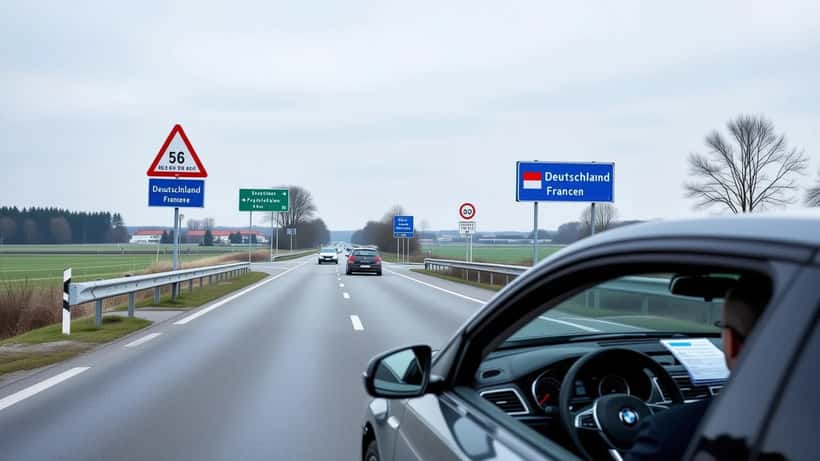 Deutsch-französisches Grenzschild an einem Übergang bei Kehl mit Steuerunterlagen im Auto eines Grenzgängers