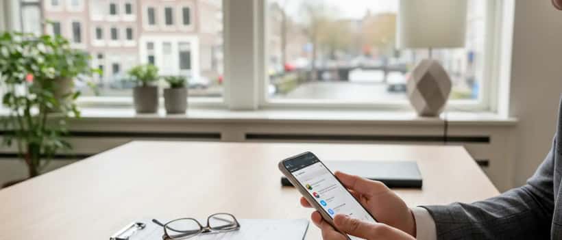 Advocaat houdt smartphone met wazig social media-scherm, juridische documenten op kantoor