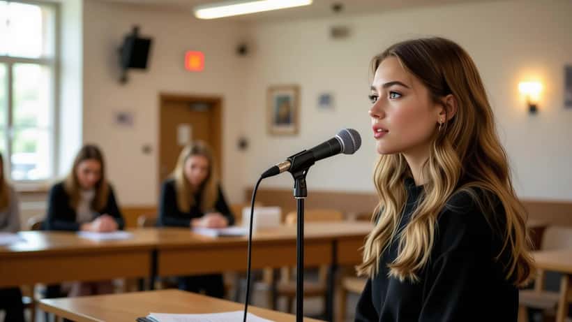 Ung sångerska vid mikrofon i auditionlokal, nervös inför Idol 2026-juryn i Stockholm
