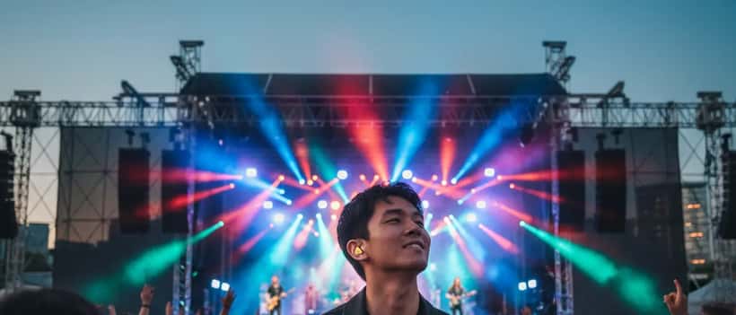 Concert-goer wearing discreet ear protection at a live music event with colorful stage lights