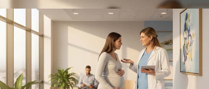 Grávida portuguesa falando com obstetra num consultório privado