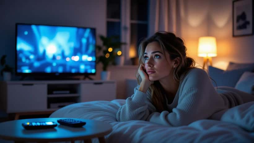 Vrouw kijkt 's avonds tv in donkere woonkamer met blauw schermgloed