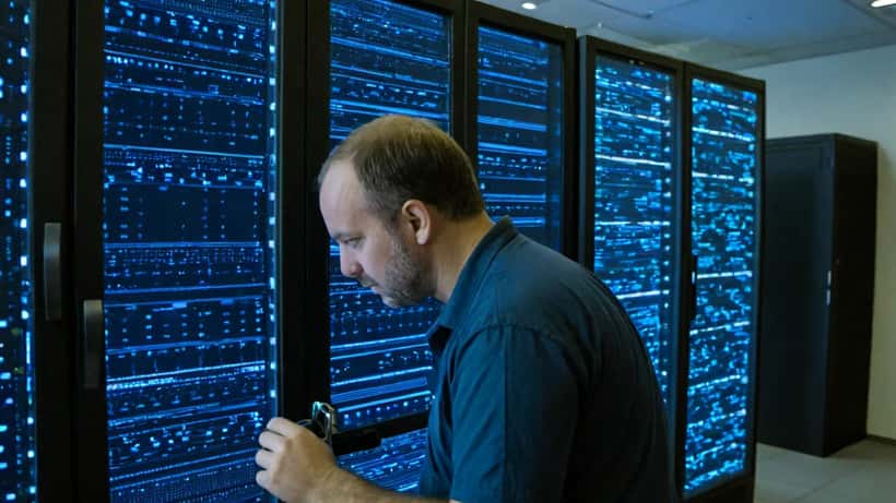 IT-Sicherheitsexperte analysiert Quantencomputer-Risiken an Server-Displays in einem modernen Rechenzentrum
