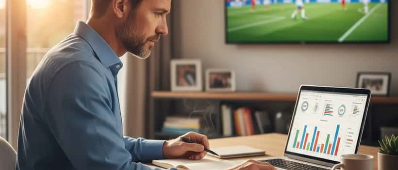 Mann analysiert Finanzcharts am Laptop mit Champions League im Hintergrund