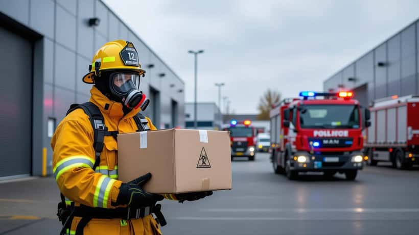 Feuerwehrmann in gelbem Schutzanzug vor einem Logistikzentrum nach Quecksilber-Verdacht