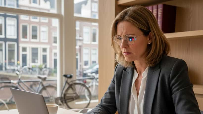Nederlandse vrouw controleert streamingabonnement en consumentenrechten op laptop in Amsterdam