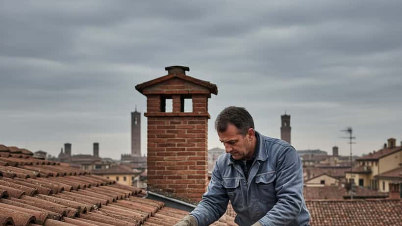 Artigiano italiano ispeziona tegole del tetto a Bologna in un freddo aprile