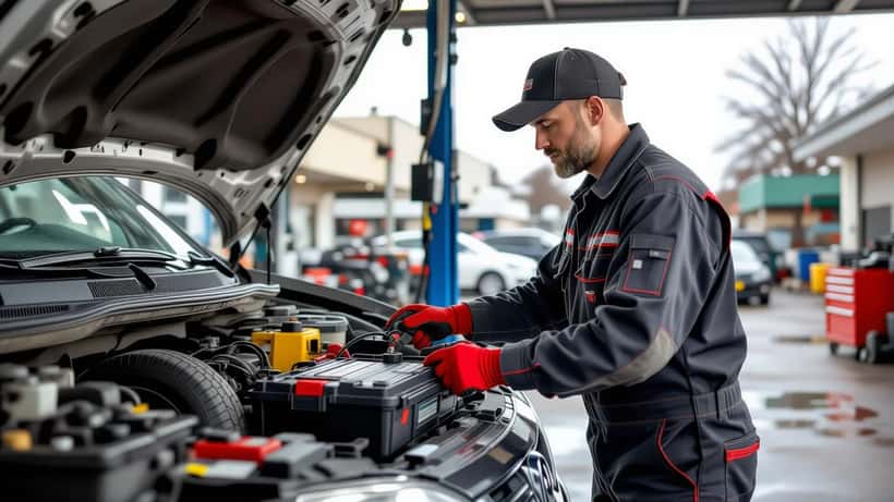 Mechanic testing a car battery in a Melbourne workshop on a wet winter morning