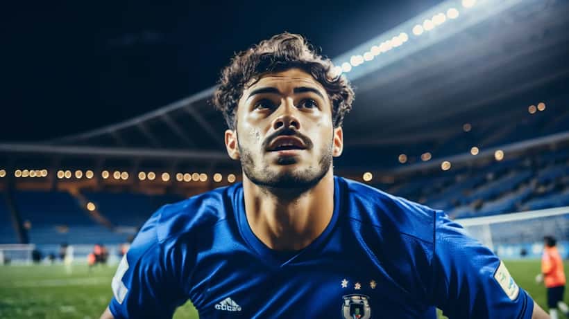 Guarda-redes português em ação num estádio profissional à noite, luvas estendidas em posição de defesa, holofotes e adeptos desfocados ao fundo