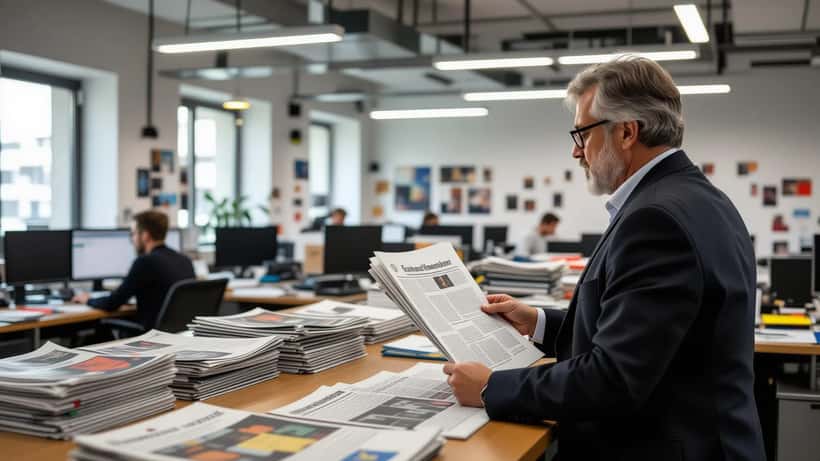 Direttore di giornale riceve lettera di licenziamento in una redazione italiana, scrivanie con prime pagine stampate sullo sfondo