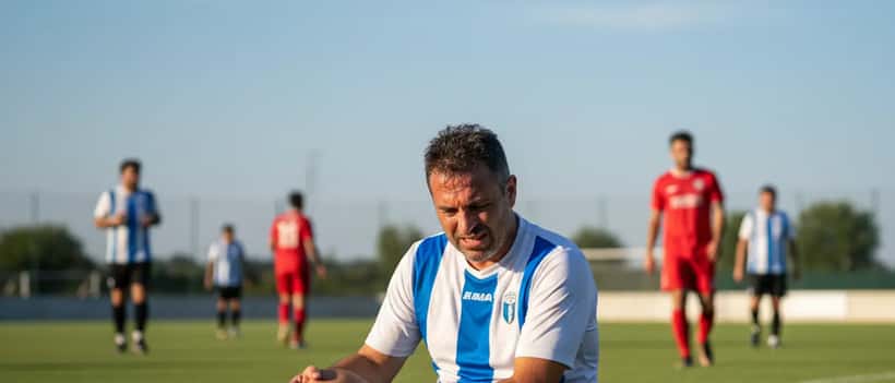 Un calciatore amatoriale italiano seduto sul campo da gioco che tiene la coscia dopo un infortunio muscolare
