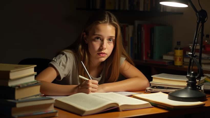 Studentessa italiana che studia letteratura con libri aperti e appunti scritti a mano sul tavolo, preparazione per la maturità