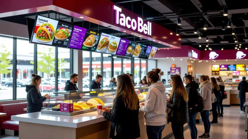 Taco Bell-restaurang i ett svenskt köpcentrum med kunder som beställer tex-mex-mat vid disken