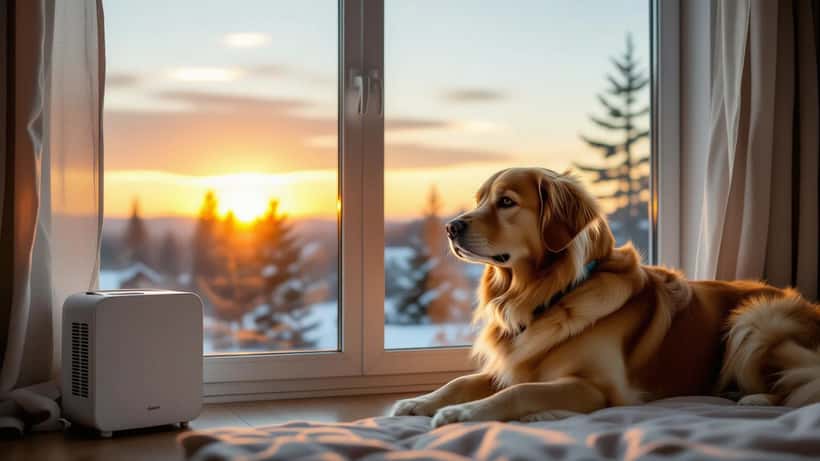 Perro dentro de casa junto a una ventana con cielo anaranjado por el humo de incendios y un purificador de aire
