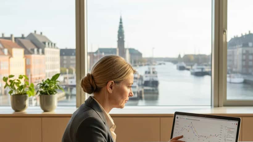 Dansk finansiel rådgiver gennemgår rentekurver på laptop i Københavns havnekontor