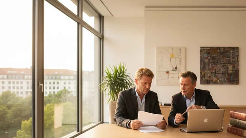 Mann und Anwalt besprechen Versicherungsunterlagen in einem modernen Berliner Büro